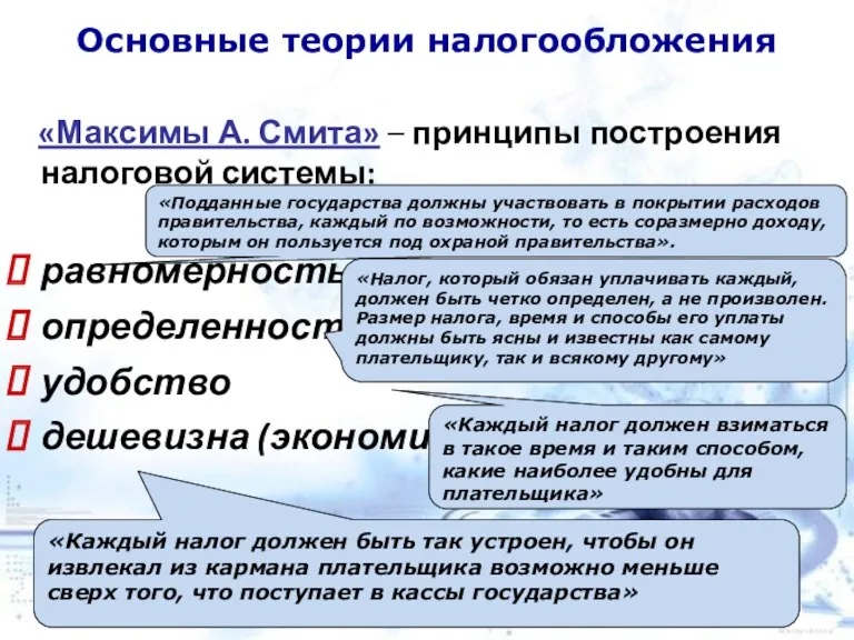 Основные теории налогообложения «Максимы А. Смита» – принципы построения налоговой