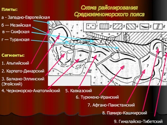 Схема районирования Средиземноморского пояса Плиты: Сегменты: