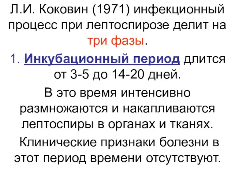 Л.И. Коковин (1971) инфекционный процесс при лептоспирозе делит на три