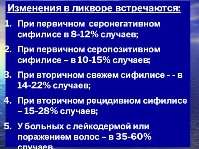 Изменения в ликворе встречаются: При первичном серонегативном сифилисе в 8-12%