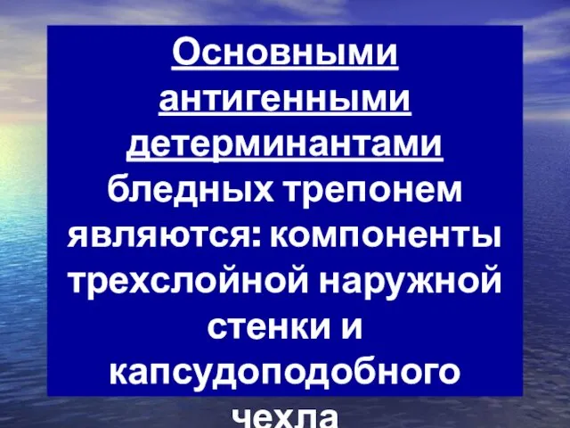 Основными антигенными детерминантами бледных трепонем являются: компоненты трехслойной наружной стенки и капсудоподобного чехла мукополисахаридной природы.