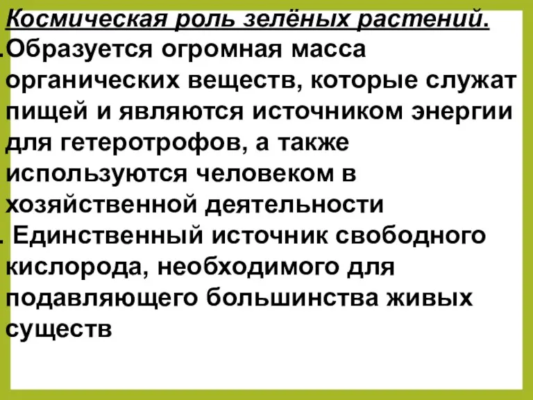 Космическая роль зелёных растений. Образуется огромная масса органических веществ, которые