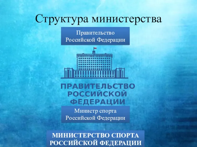 Структура министерства Правительство Российской Федерации Министр спорта Российской Федерации МИНИСТЕРСТВО СПОРТА РОССИЙСКОЙ ФЕДЕРАЦИИ