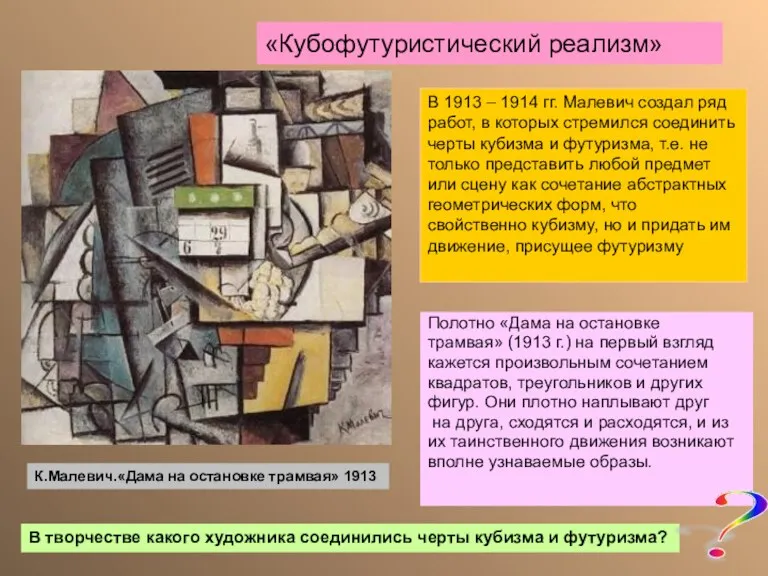 «Кубофутуристический реализм» Полотно «Дама на остановке трамвая» (1913 г.) на