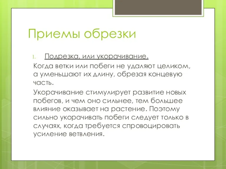 Приемы обрезки Подрезка, или укорачивание. Когда ветки или побеги не