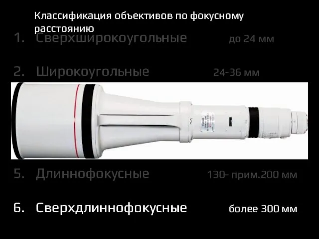 Классификация объективов по фокусному расстоянию Сверхширокоугольные до 24 мм Широкоугольные