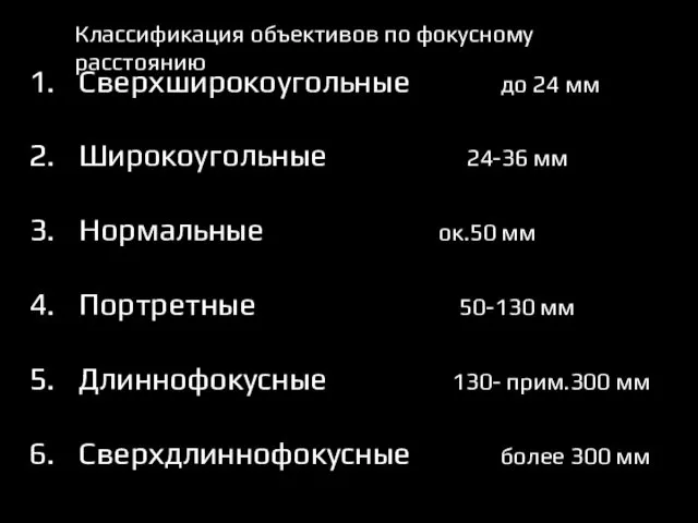 Классификация объективов по фокусному расстоянию Сверхширокоугольные до 24 мм Широкоугольные