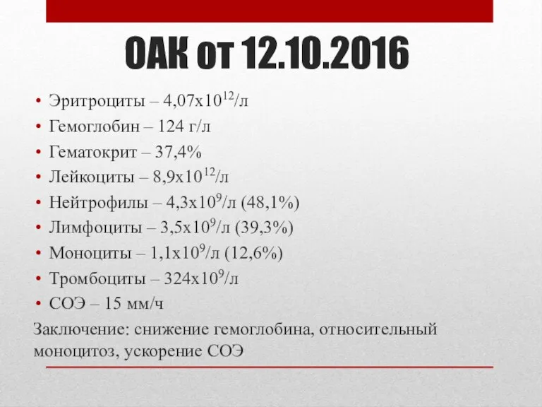 ОАК от 12.10.2016 Эритроциты – 4,07х1012/л Гемоглобин – 124 г/л Гематокрит – 37,4%