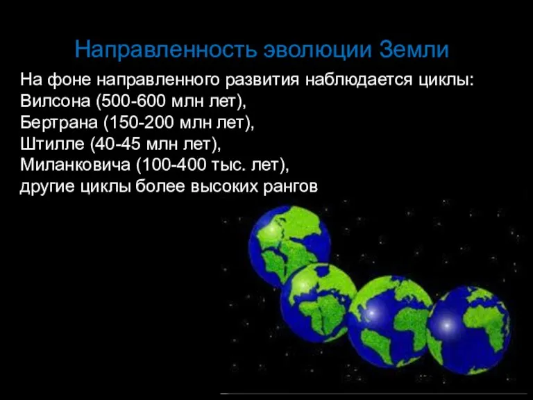 Направленность эволюции Земли На фоне направленного развития наблюдается циклы: Вилсона