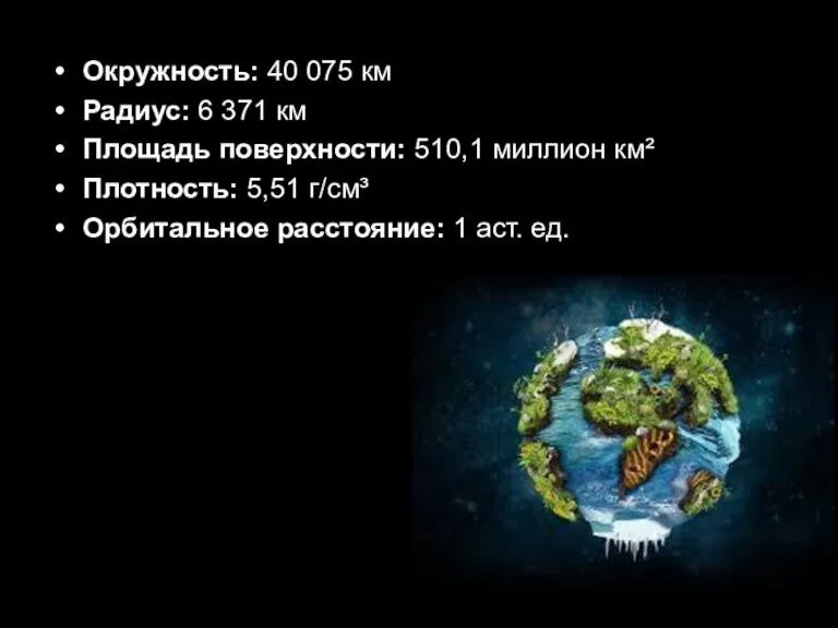 Окружность: 40 075 км Радиус: 6 371 км Площадь поверхности: