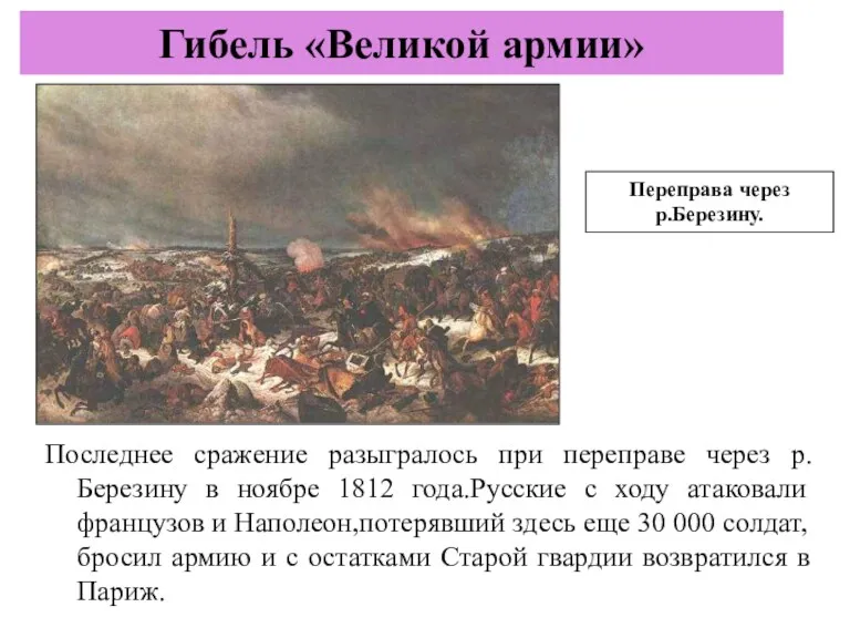 Последнее сражение разыгралось при переправе через р.Березину в ноябре 1812 года.Русские с ходу