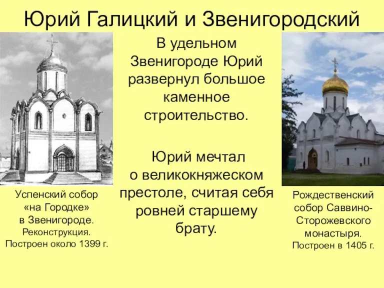 Юрий Галицкий и Звенигородский В удельном Звенигороде Юрий развернул большое