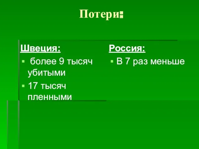 Потери: Швеция: более 9 тысяч убитыми 17 тысяч пленными Россия: В 7 раз меньше