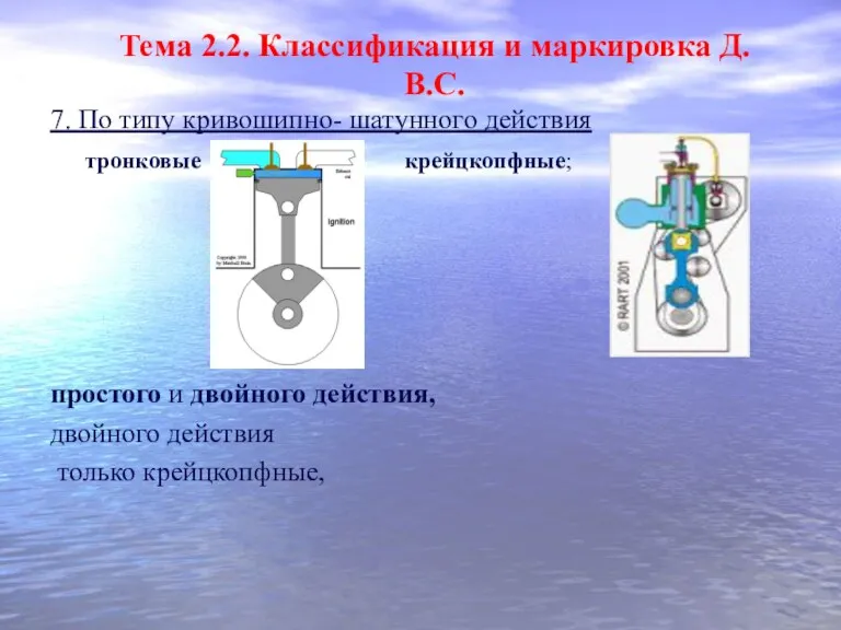 7. По типу кривошипно- шатунного действия тронковые крейцкопфные; простого и двойного действия, двойного