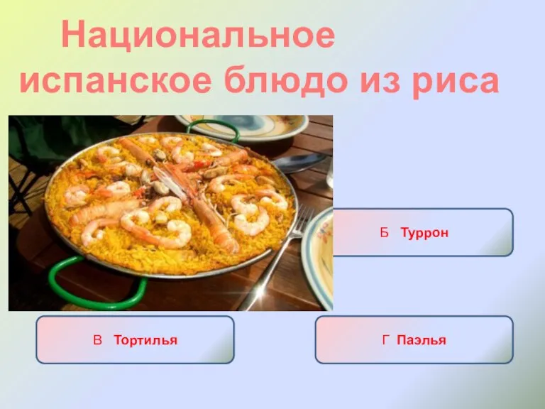 Национальное испанское блюдо из риса А Плов Б Туррон В Тортилья Г Паэлья