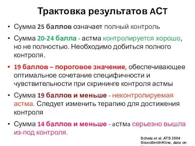 Трактовка результатов AСT Сумма 25 баллов означает полный контроль Сумма