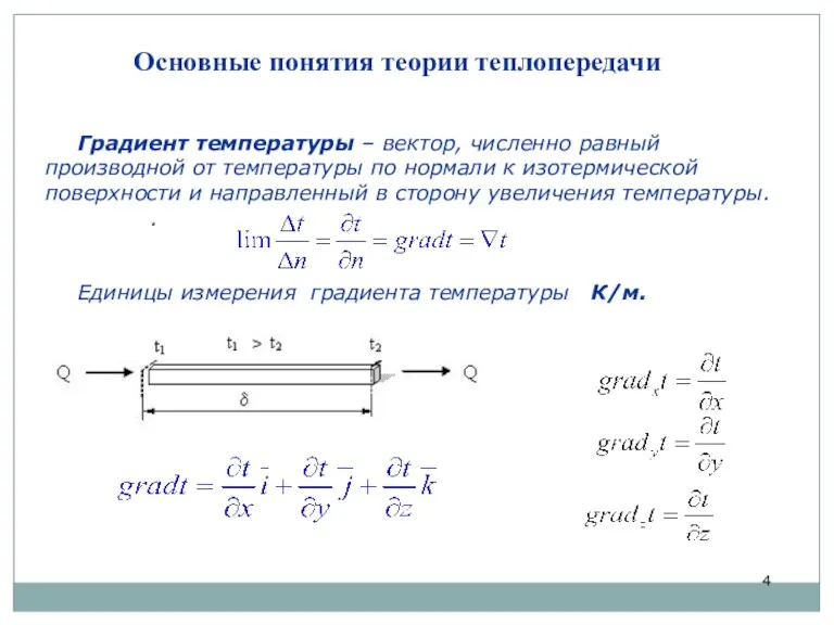 Градиент температуры – вектор, численно равный производной от температуры по