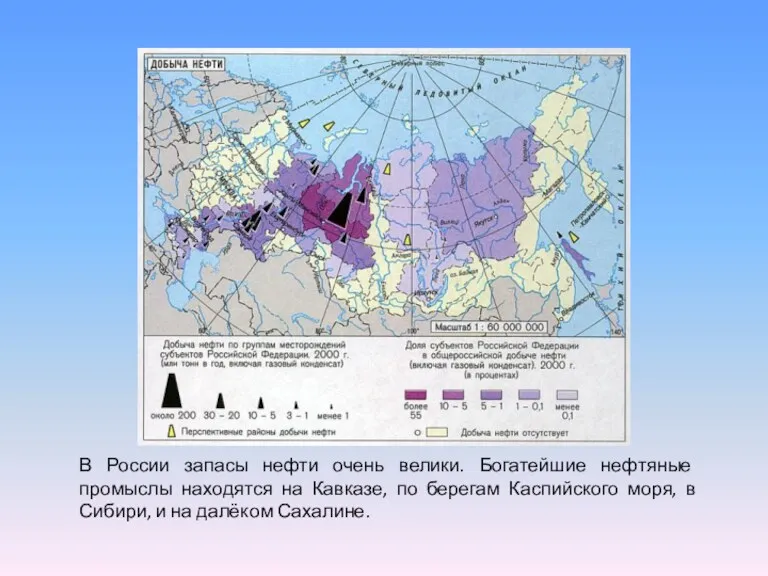 В России запасы нефти очень велики. Богатейшие нефтяные промыслы находятся на Кавказе, по