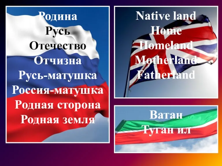 Родина Русь Отечество Отчизна Русь-матушка Россия-матушка Родная сторона Родная земля Native land Home