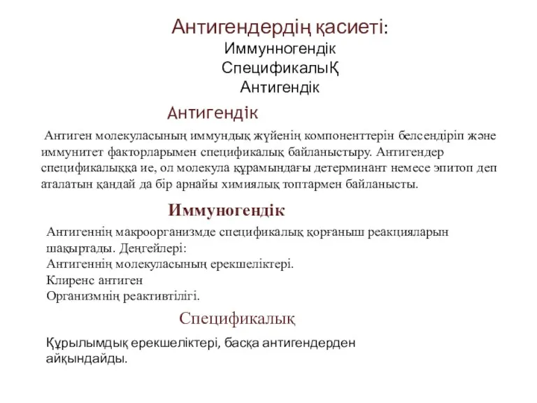 Антигендердің қасиеті: Иммунногендік СпецификалыҚ Антигендік Антигендік Антиген молекуласының иммундық жүйенің