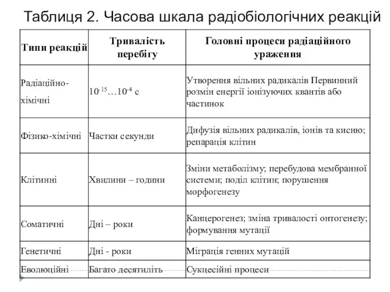 Таблиця 2. Часова шкала радіобіологічних реакцій