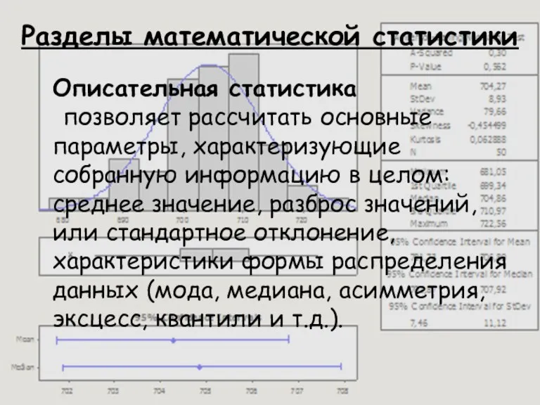 Разделы математической статистики Описательная статистика позволяет рассчитать основные параметры, характеризующие