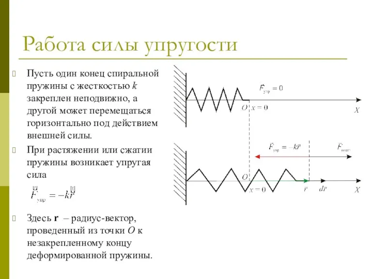 Работа силы упругости Пусть один конец спиральной пружины с жесткостью