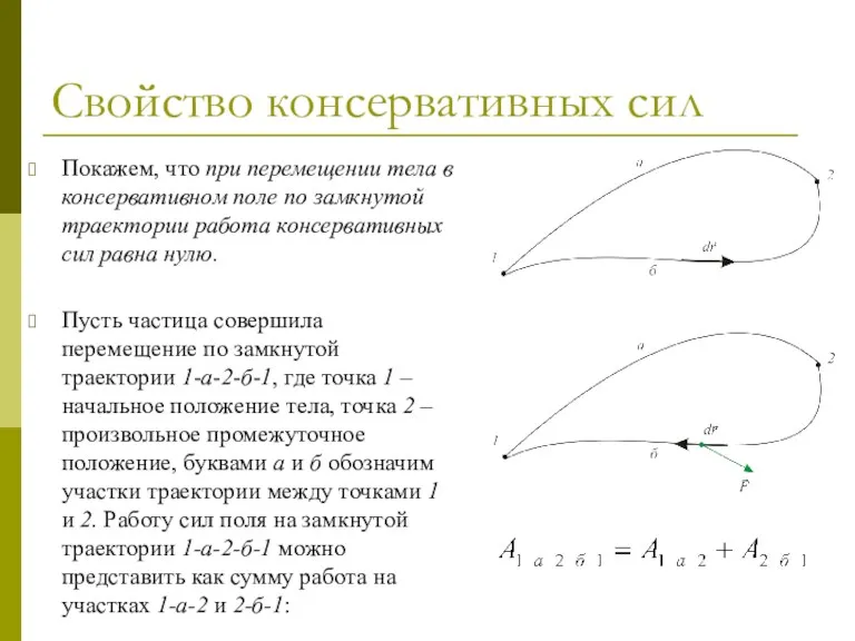 Свойство консервативных сил Покажем, что при перемещении тела в консервативном