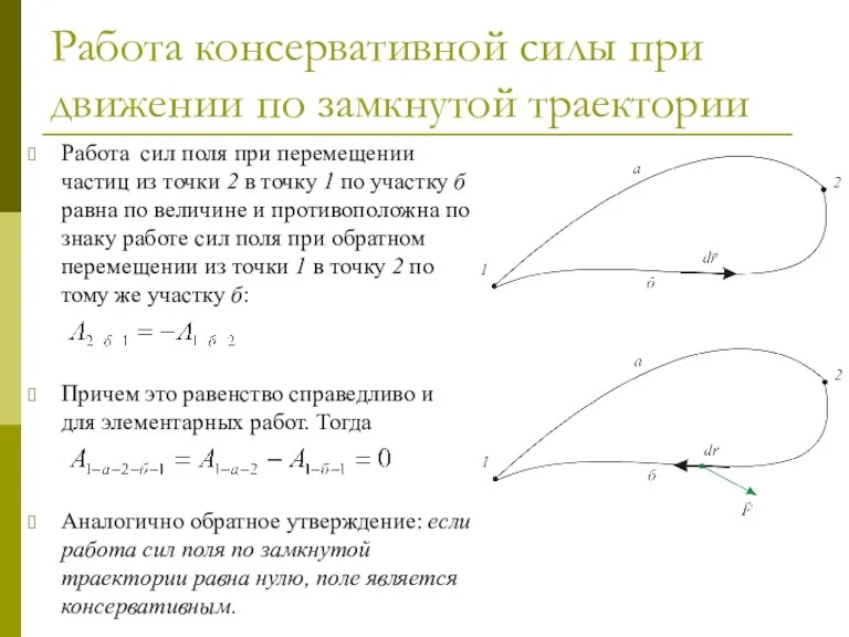Работа консервативной силы при движении по замкнутой траектории Работа сил