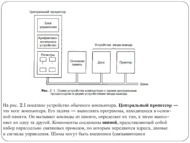 На рис. 2.1 показано устройство обычного компьютера. Центральный процессор —