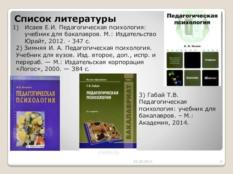 Список литературы 25.02.2017 Исаев Е.И. Педагогическая психология: учебник для бакалавров.