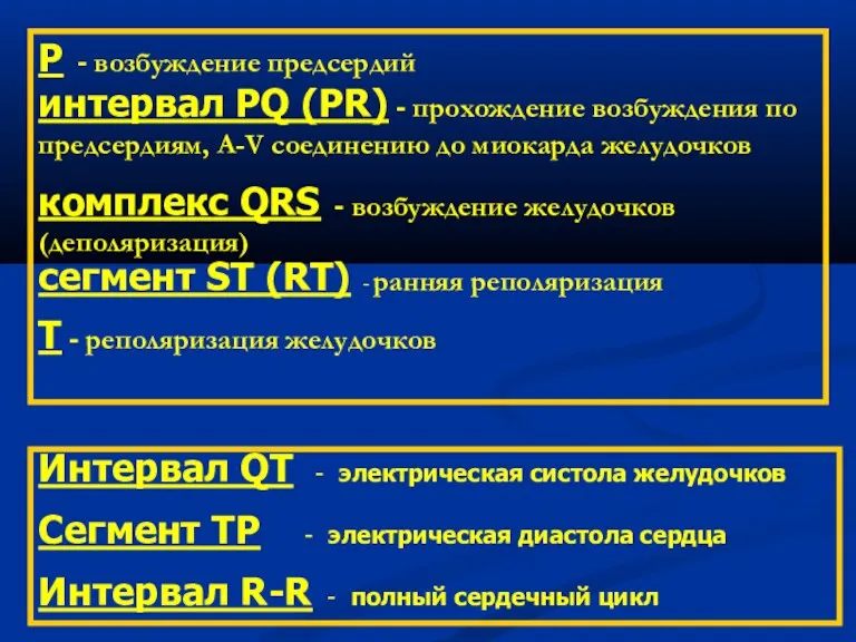 Интервал QT - электрическая систола желудочков Сегмент TP - электрическая