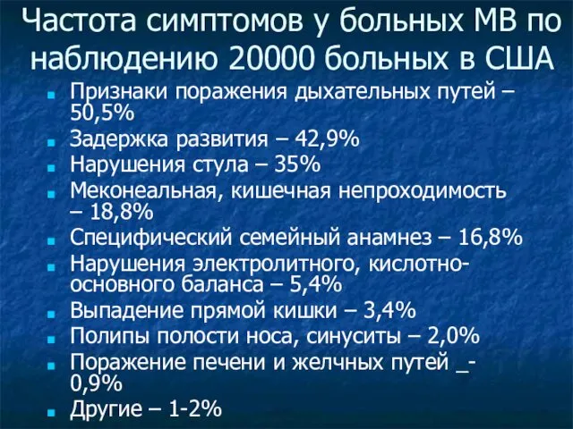 Частота симптомов у больных МВ по наблюдению 20000 больных в США Признаки поражения