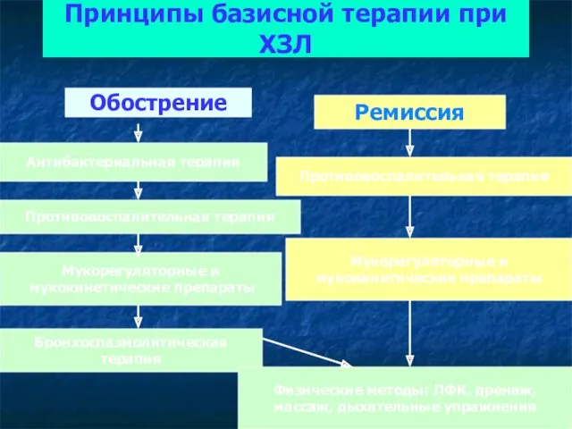 Принципы базисной терапии при ХЗЛ Обострение Ремиссия Антибактериальная терапия Противовоспалительная