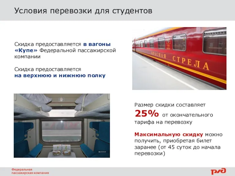 Условия перевозки для студентов Скидка предоставляется в вагоны «Купе» Федеральной