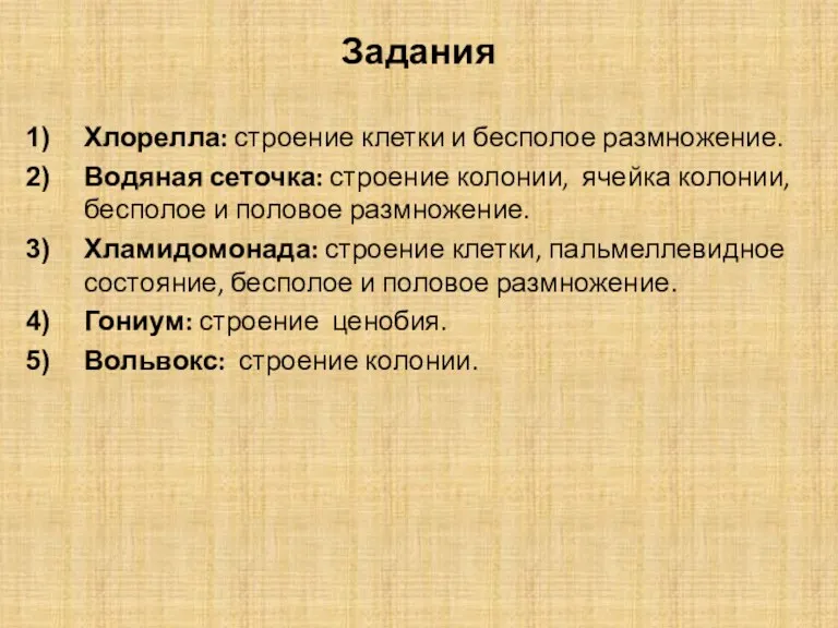 Задания Хлорелла: строение клетки и бесполое размножение. Водяная сеточка: строение