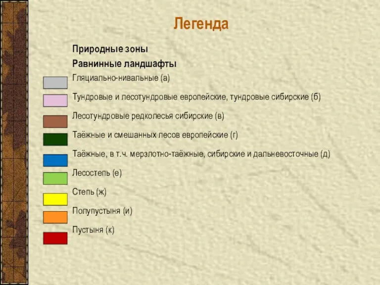 Легенда Природные зоны Равнинные ландшафты Гляциально-нивальные (а) Тундровые и лесотундровые