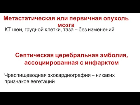 Метастатическая или первичная опухоль мозга КТ шеи, грудной клетки, таза – без изменений