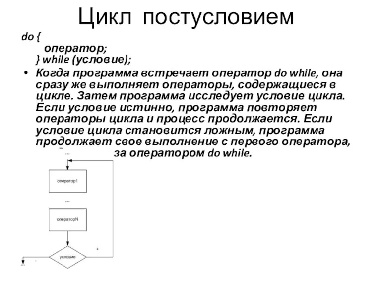 Цикл постусловием do { оператор; } while (условие); Когда программа