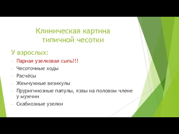 Клиническая картина типичной чесотки У взрослых: Парная узелковая сыпь!!! Чесоточные