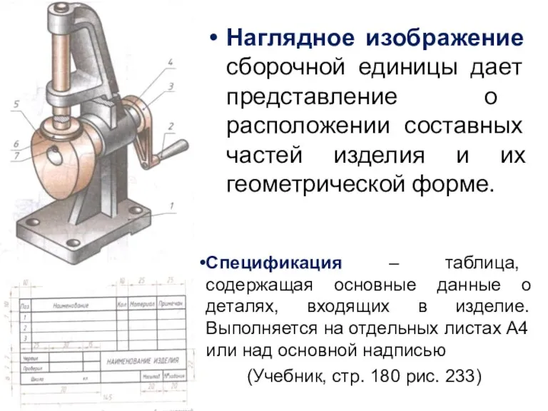 Наглядное изображение сборочной единицы дает представление о расположении составных частей