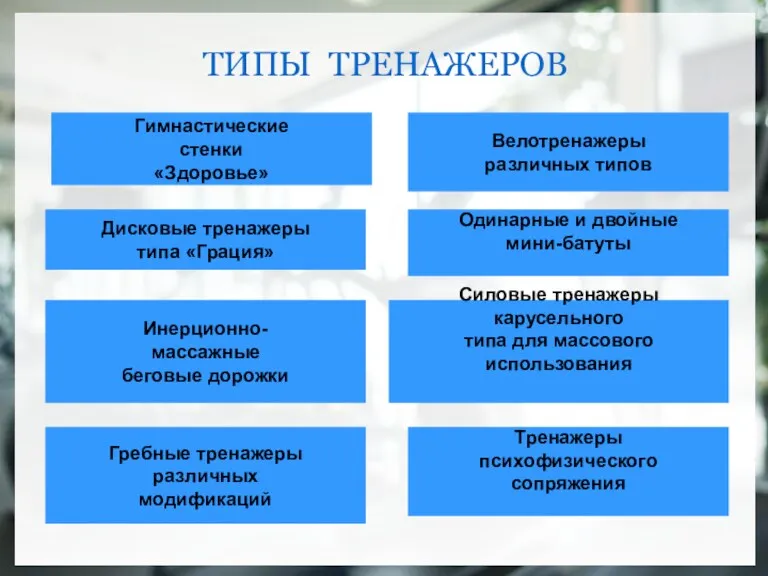 ТИПЫ ТРЕНАЖЕРОВ Гимнастические стенки «Здоровье» Дисковые тренажеры типа «Грация» Силовые