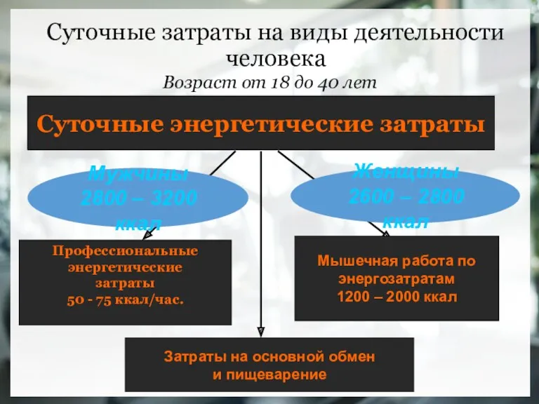 Суточные затраты на виды деятельности человека Возраст от 18 до