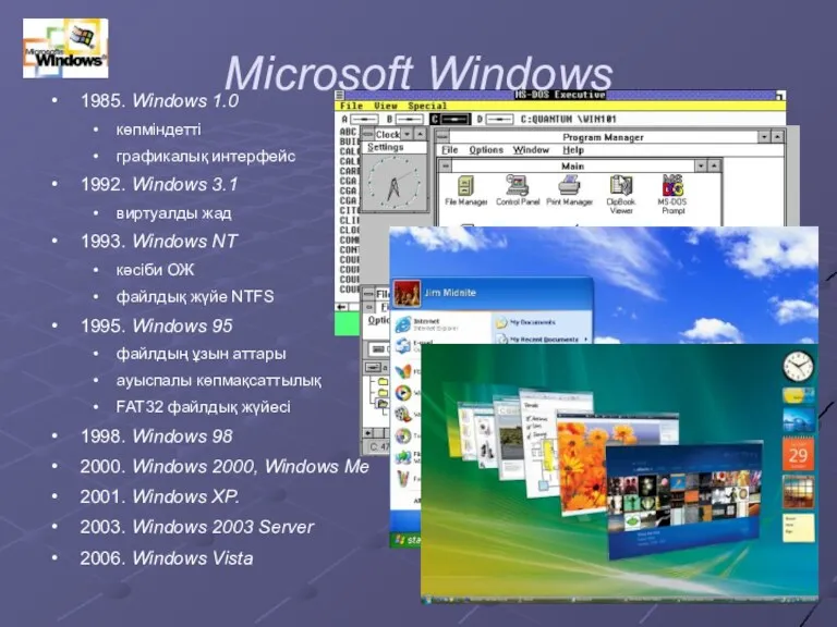 Microsoft Windows 1985. Windows 1.0 көпміндетті графикалық интерфейс 1992. Windows 3.1 виртуалды жад
