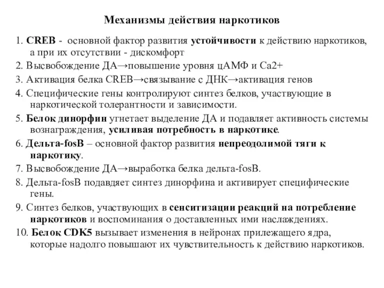 Механизмы действия наркотиков 1. CREB - основной фактор развития устойчивости