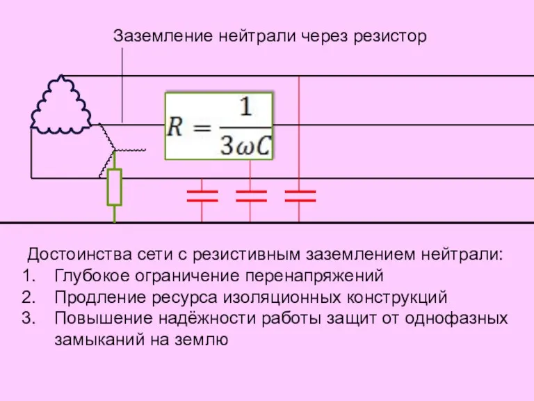 Заземление нейтрали через резистор Достоинства сети с резистивным заземлением нейтрали: