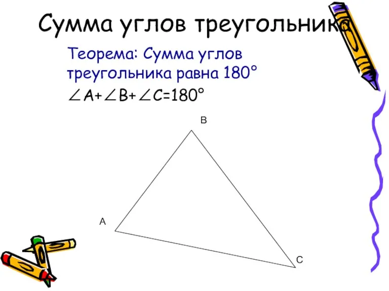 Сумма углов треугольника Теорема: Сумма углов треугольника равна 180° ∠А+∠В+∠С=180° А В С