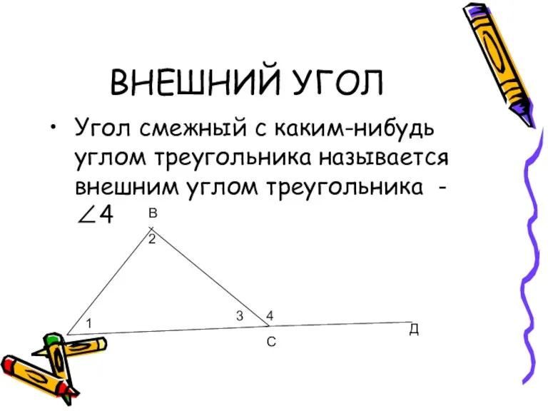 ВНЕШНИЙ УГОЛ Угол смежный с каким-нибудь углом треугольника называется внешним углом треугольника -