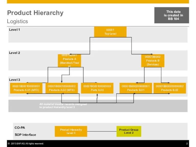 Product Hierarchy Logistics 00001 Top Level 00001B0001 Products A (Manufact./Trade)