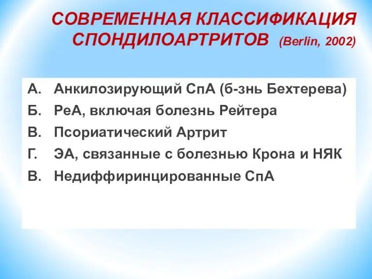 СОВРЕМЕННАЯ КЛАССИФИКАЦИЯ СПОНДИЛОАРТРИТОВ (Berlin, 2002) А. Анкилозирующий СпА (б-знь Бехтерева)